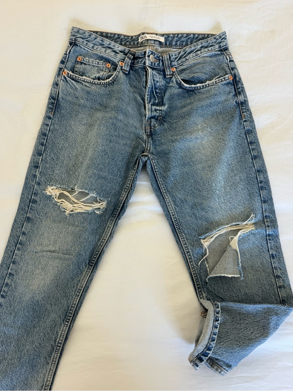 Zara Light Blue Ripped Straight Leg Jeans